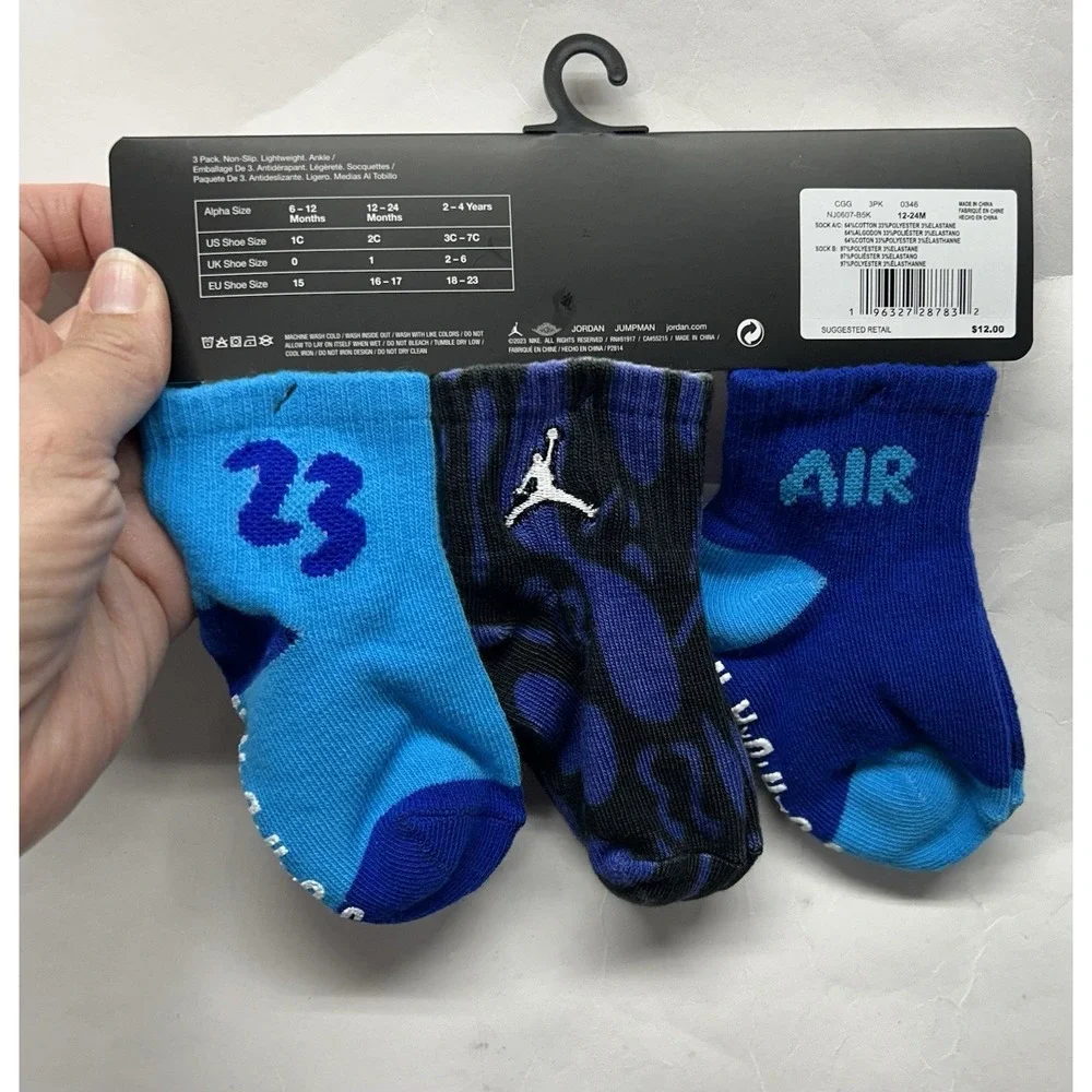 Nike Air Jordan Infant 12-24months Blue (3 Pack) Non Slip Socks (C1)